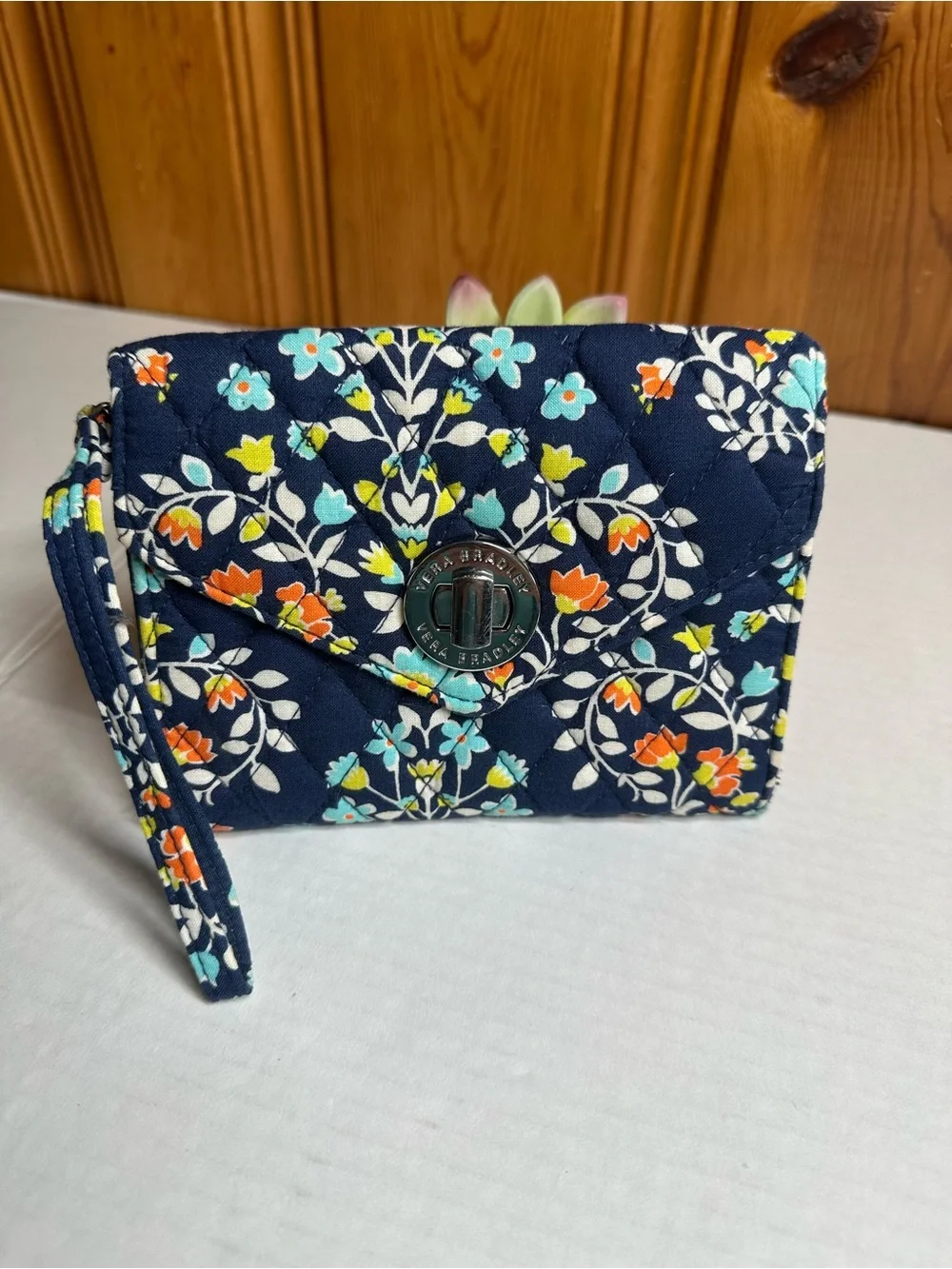 Vera Bradley Navy Quilted Floral Wristlet Wallet with Orange & Aqua Accents